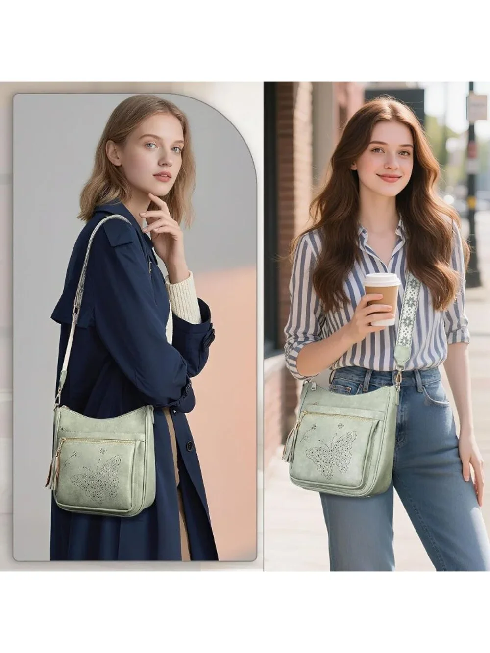 Women's Green Leather Stylish Butterfly Shoulder Crossbody Handbags with Tassel